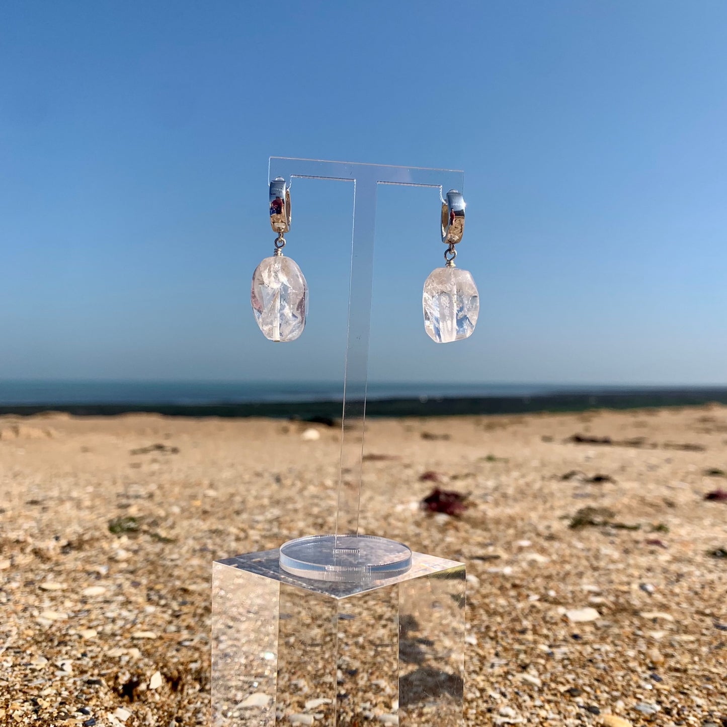 Clear Quartz Crystal, Sterling Silver Hoop Earrings - Crystal Healing Earrings